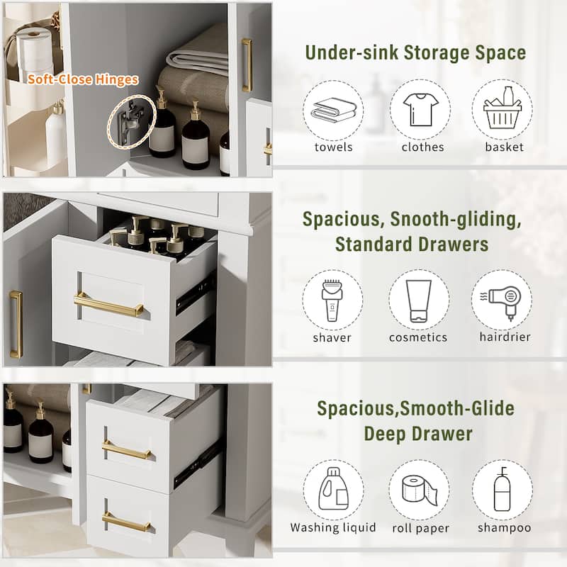30" Bathroom Vanity with Ceramic Sink, Modern Storage Cabinet with Soft-Close Doors, Deep Drawer & Standard Drawe