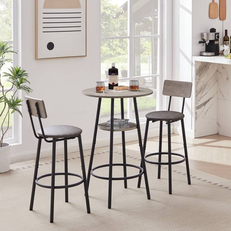 Rustic Brown Round Bar Stool Set with Shelf, Upholstered Stool - Grey