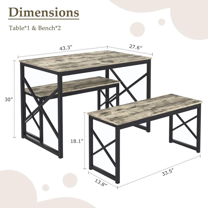 44.3" Dining Table with Benches Kitchen Table set for 4 Rectangular Dining Room Table Set with 2 Metal Wood Benches