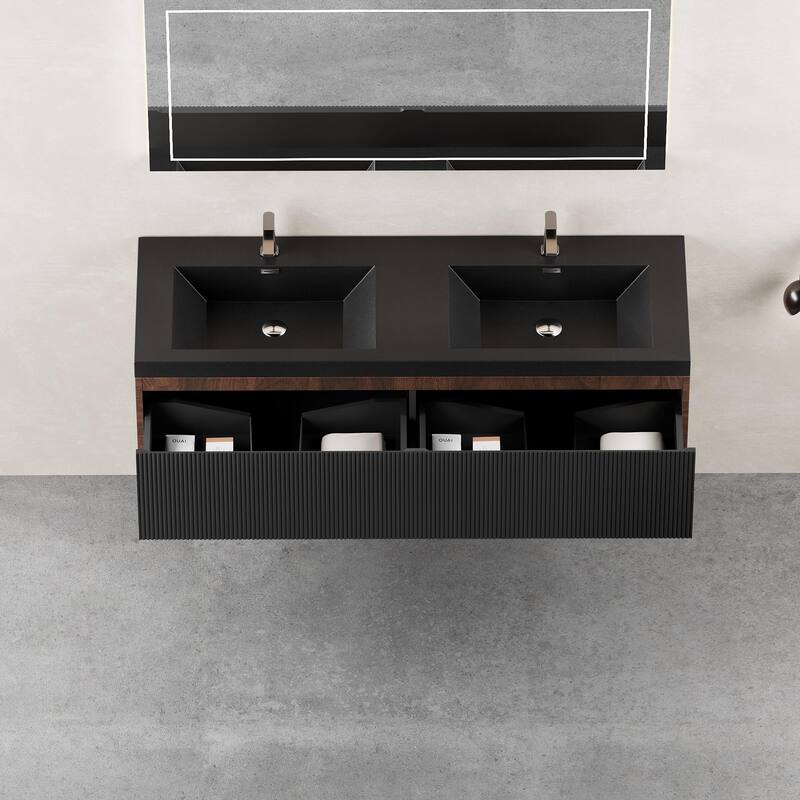 GDFStudio - Weston 60-Inch Floating Double Bathroom Vanity with Quartz Sand Basins and Fluted Storage Drawers