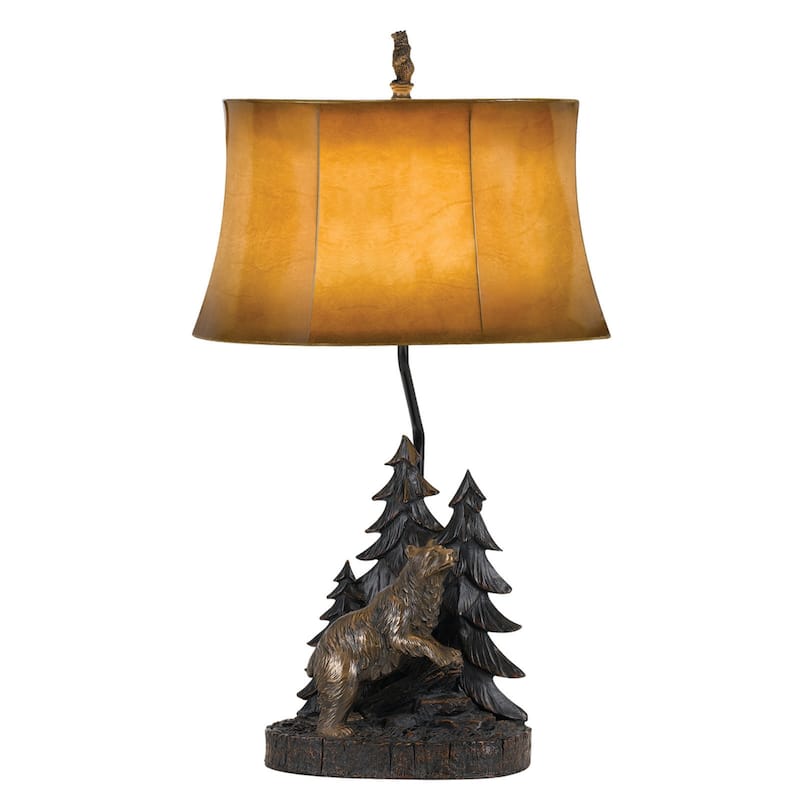 29" Rustic Resin Table Lamp with Brown Faux Leather Bell Shade and 3-Way Switch for Living Room - 29”H x 11”W x 17.5”D