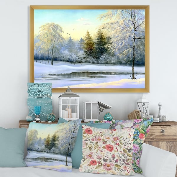 slide 1 of 10, Designart 'Green Trees In Beautiful Winter Landscape' Traditional Framed Art Print