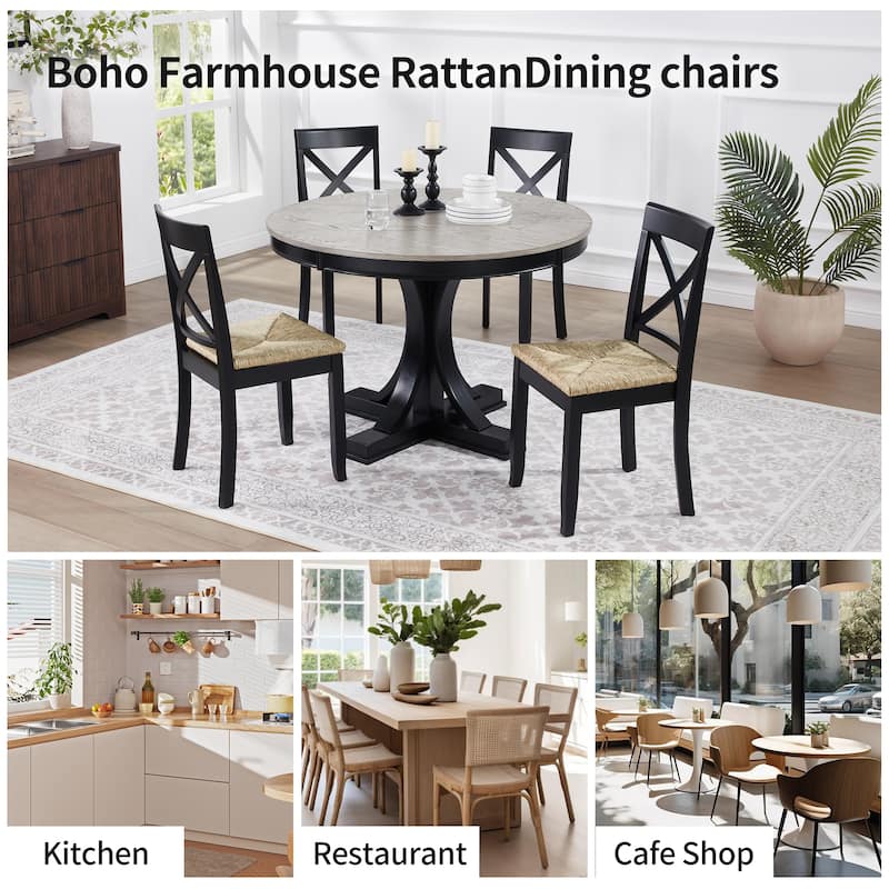 Bohemian 17" W Natural Weave Seagrass Rattan Seat Cross Back Dining Chairs