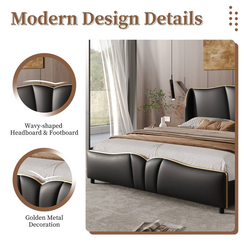 Modern Queen Size Leather Upholstered Bed Frame with Wingback Headboard and Wavy Footboard, No Spring Box Needed