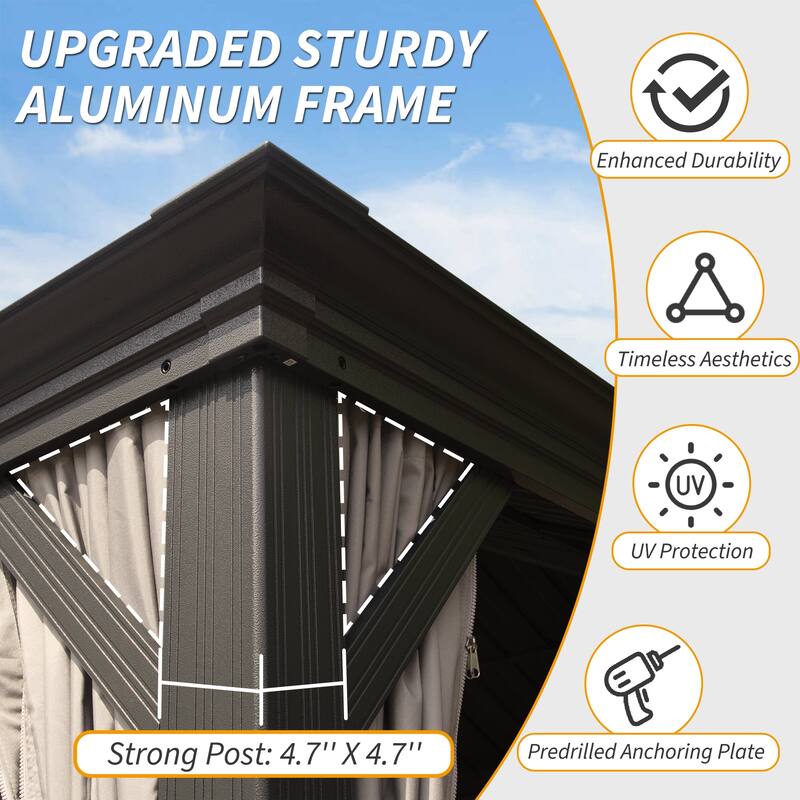 10' X 14' Hardtop Gazebo with Galvanized Steel Roof, Aluminum Frame, Curtains, and Netting for Outdoor Use