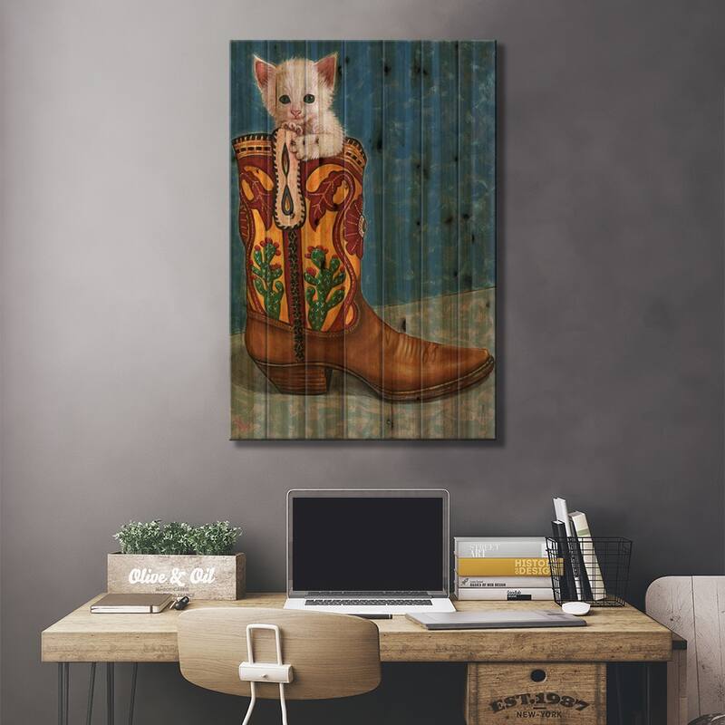Puss En Bota Print On Wood by Holly Wood - Multi-Color