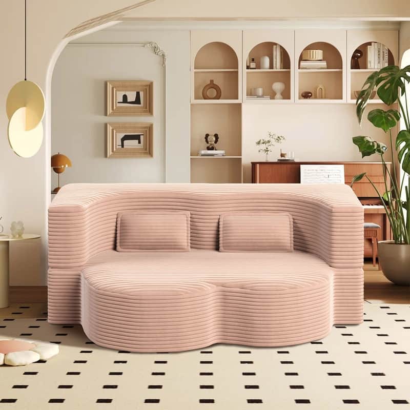 Modern 78" Full Size Convertible Corduroy Foam-Filled Sleeper Sofa,Modern Floor Sofa with 2 Pillows - Pink