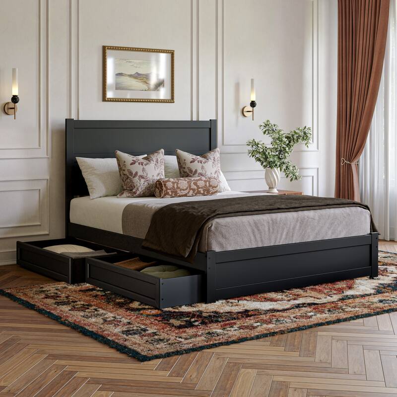 Aveline Wood Platform Bed with Matching Footboard & Storage Drawers - Queen - Black