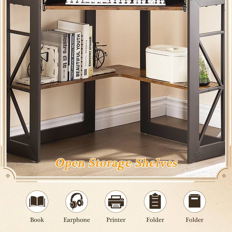 VECELO Triangular Corner Desk with Keyboard Tray Space Saving Metal Computer Desk for Home Office Study Bedroom