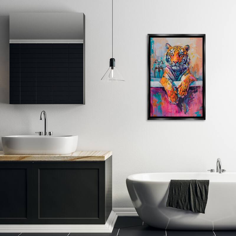 Stupell Bathing Tiger in Bright Tub Framed Floater Canvas Wall Art Design By LSR Design Studio