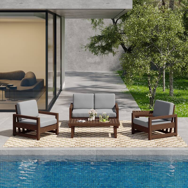 5-Piece Teak Wood Outdoor Patio Conversation Set with Cushion