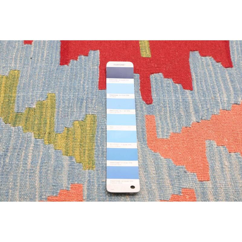ECARPETGALLERY Flat-Weave Bold and Colorful Light Blue Wool Kilim - 4'3 x 6'6