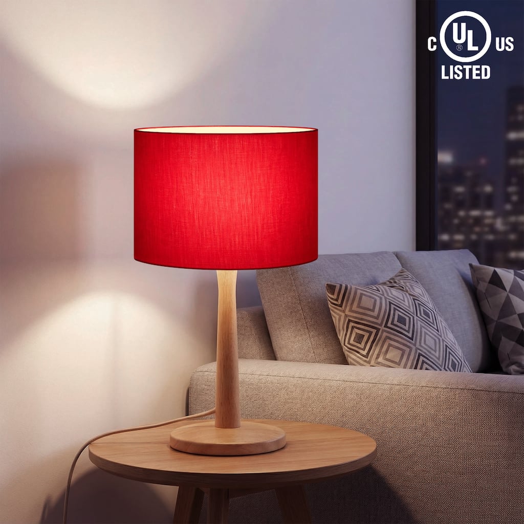 16.3" Solid Wood Table Lamp with Drum Shade, Stepless Dimmable Bedside Lamp, Linen or Thai Silk Shade Options