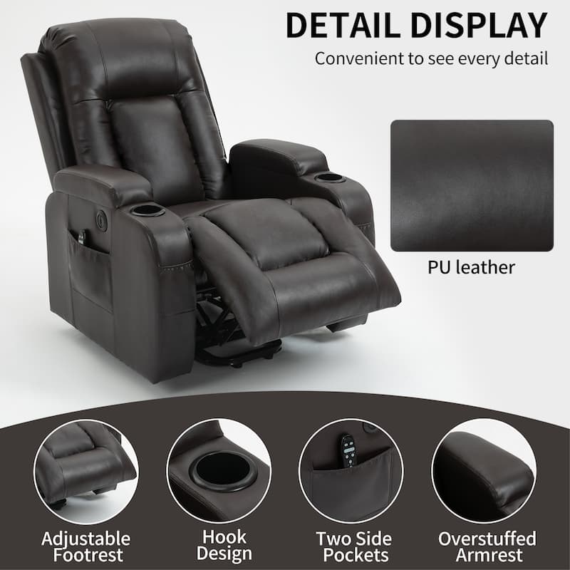 Power Lift Recliner Chair with Massage, Lumbar Heat, USB Charging Port, and Cup Holders