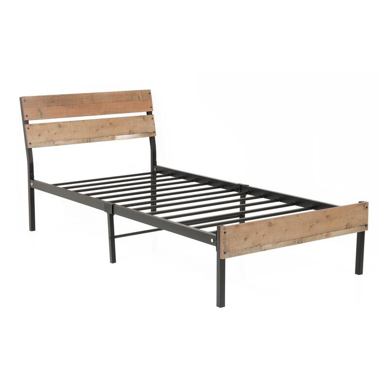 Twin Bed Frame Metal & Wood Style - Rustic Bed with Storage & Sturdy Base