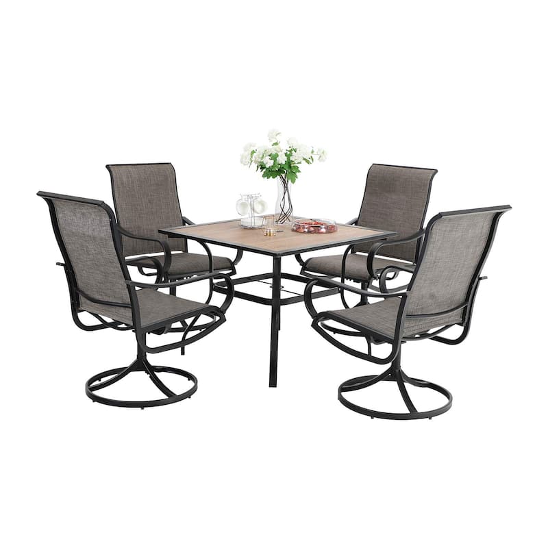 MAISON ARTS 5 Pieces Patio Dining Set, 4 Sling Dining Swivel Chairs and 37" Square Metal Table with Wood-Like Top