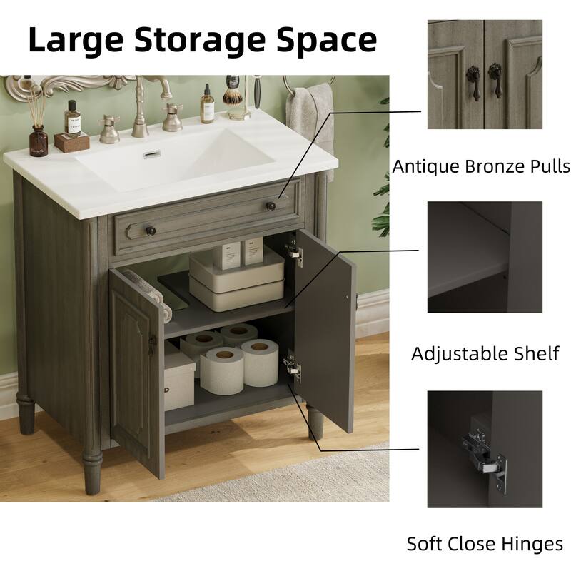 31" Bathroom Vanity with Sink, Rustic Bathroom Cabinet with Soft Close Doors and Adjustable Shelf, Curved Profile Design