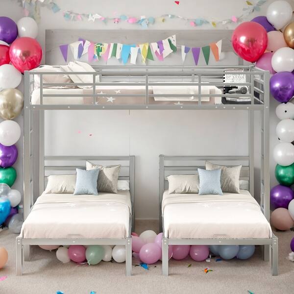 slide 2 of 18, Modern Full Over Twin&Twin Size 3 In 1 Bunk Bed With Built-in Shelf,Sturdy Frame And Safety Guaranteed Silver