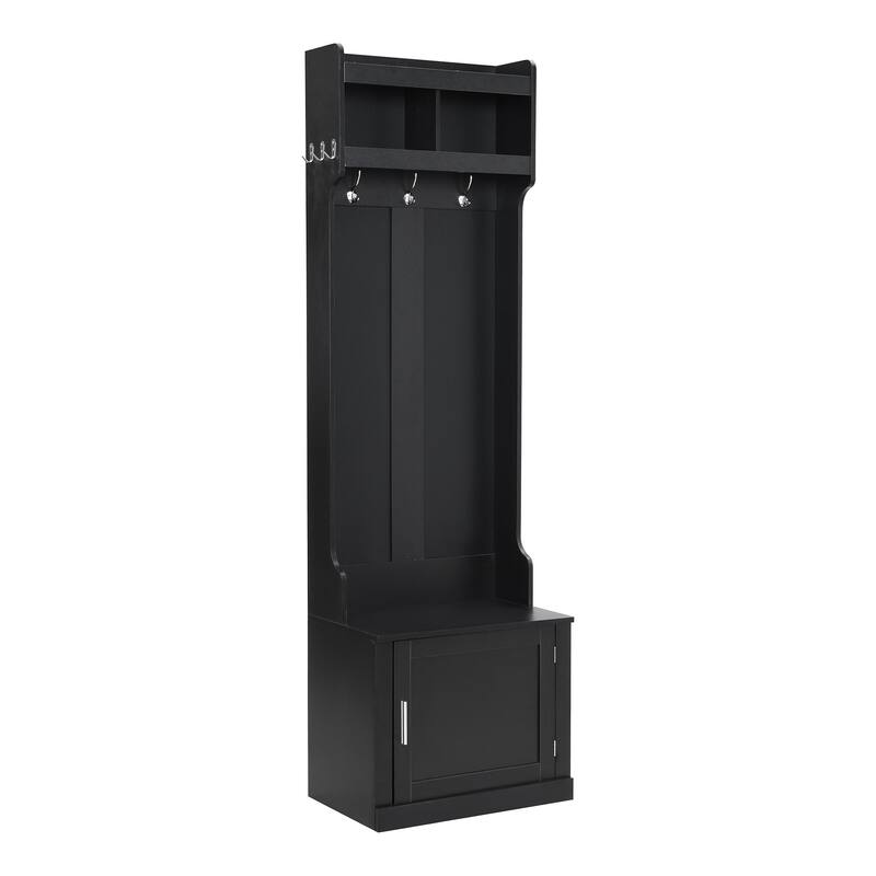 Slim Hall Tree with Cabinet & 6 Hooks, Multi-functional Wood Storage Bench with Coat Rack for Hallway, Living room