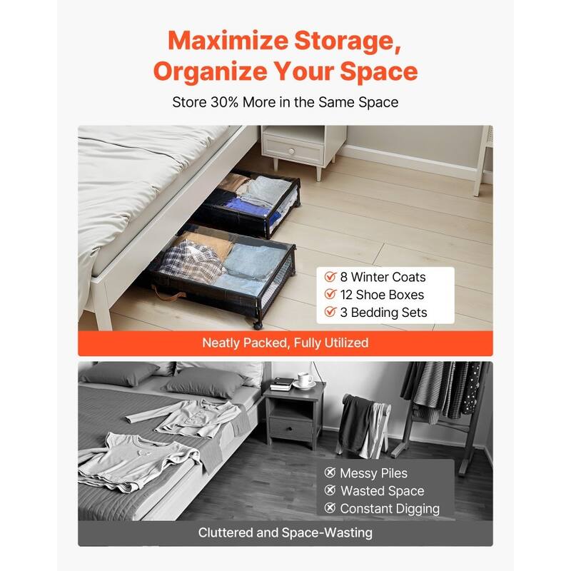 2-Pack Under Bed Shoe Clothing Organizer with Lockable Casters Handles and Clear Top Panel - 35.6 x 15.5 x 5.1 inch