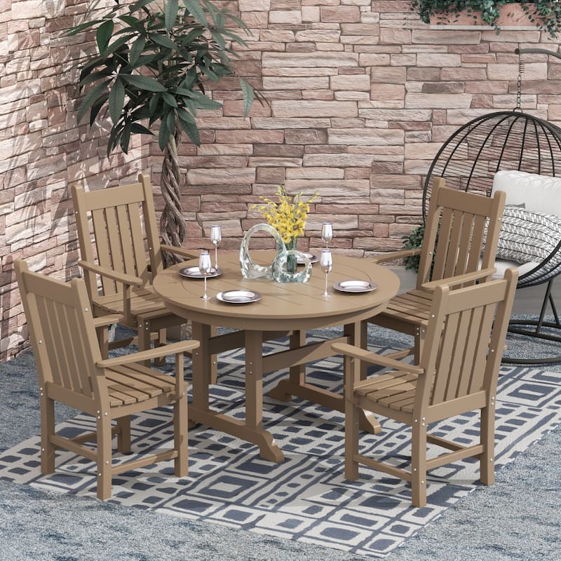 Laguna Hdpe All Weather Outdoor Patio Dining Set with Round Table, Armchairs (5-Piece Set) - Weathered Wood