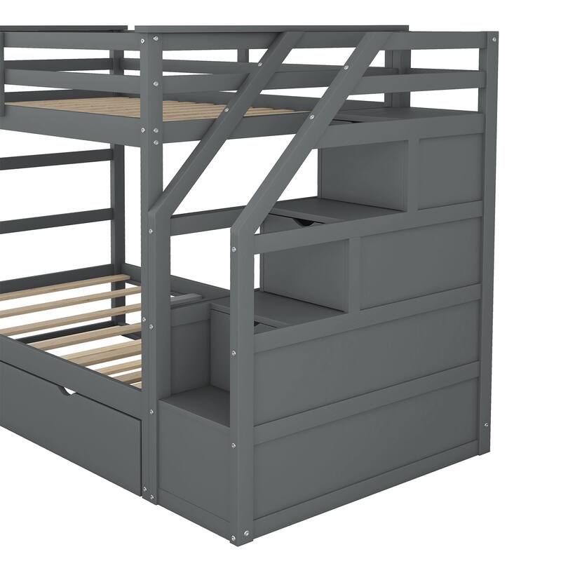 Twin-Over-Twin Bunk Bed with Trundle and Storage Stairs, Gray
