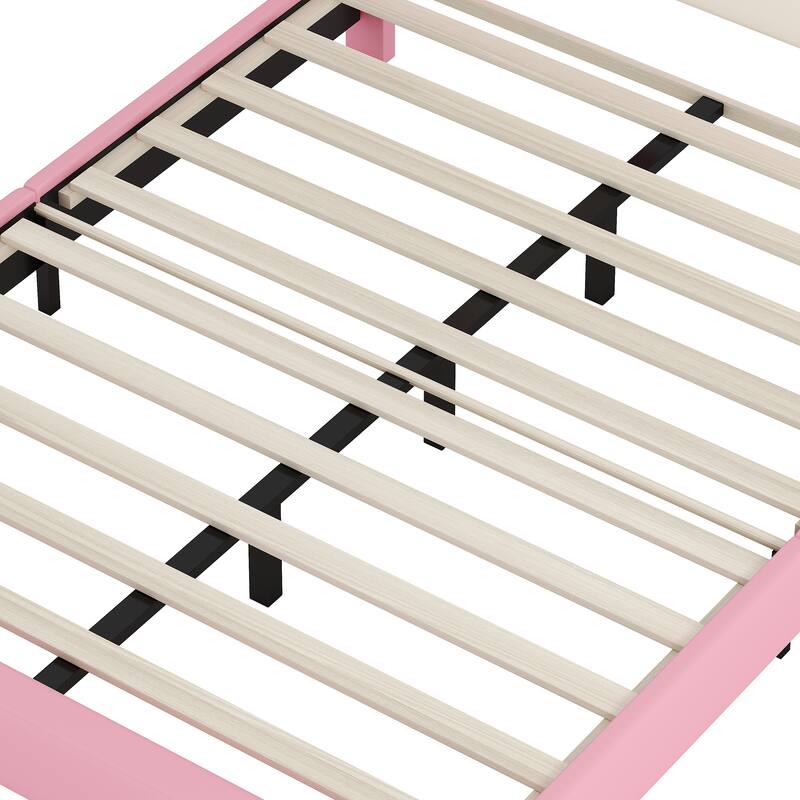 Cute Girl Princess Bed with Crown Headboard, PU Upholstered Platform Bed, Wood Panel Bed Low Profile Bed