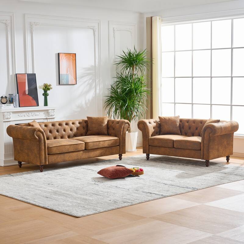 66"Chesterfield ‌Faux Leather Sofa,High-tech Fabric Roll Armrest Sofa,Upholstered Mid Century Modern Couch,2 Seater Couch