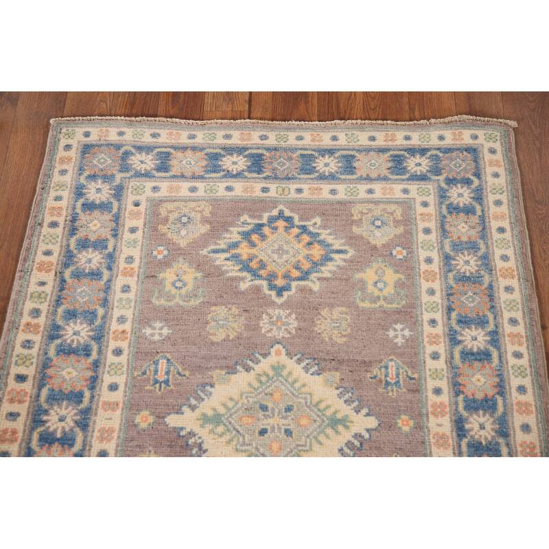 Geometric Kazak Oriental Accent Rug Hand-Knotted Beige Wool Carpet - 2'8"x 3'10"