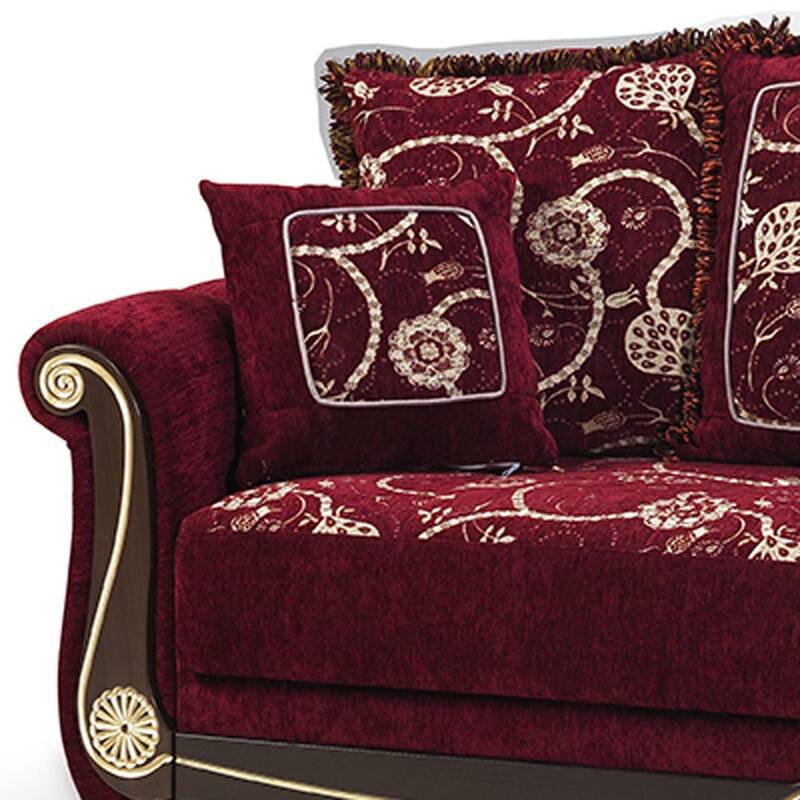 HomeRoots 95" Burgundy Chenille Convertible Futon Sleeper Sofa And Toss Pillows With Storage