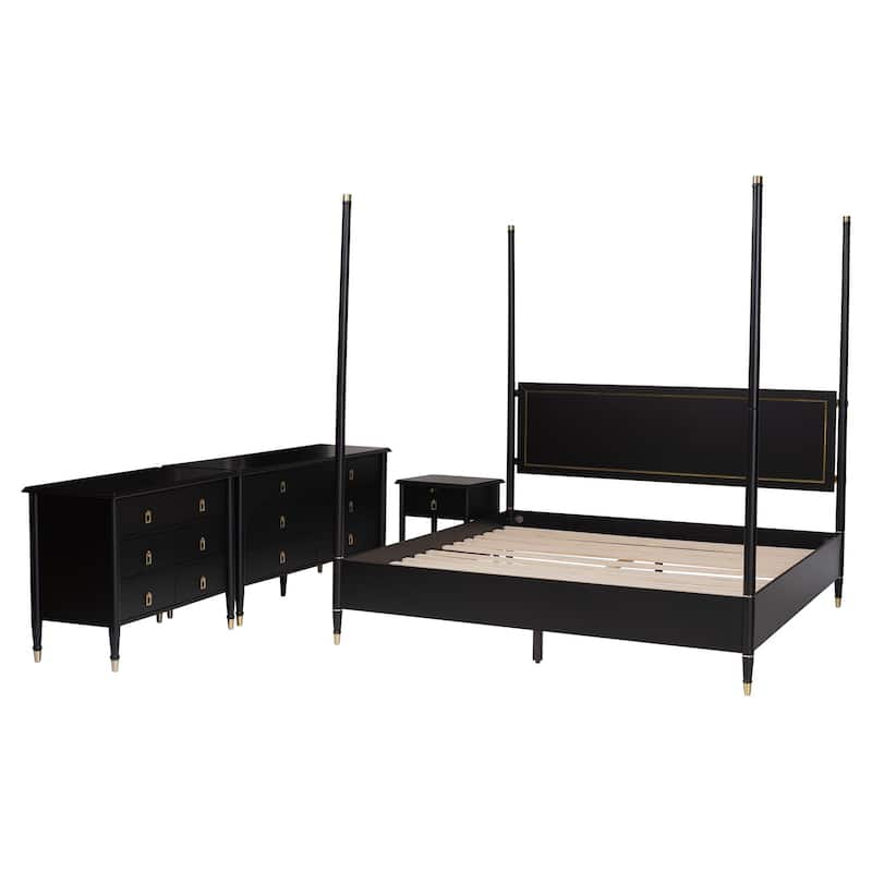 Baxton Studio Tamra Four-Poster Platform Bedroom Set - Black Wood Bed Frame with Matching Accents, Modern Transitional Furniture