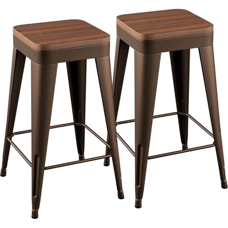 Counter Stools with Metal Frame Backless Counter Height Bar stools 24" Seat Height Kitchen Bar Furniture Stools with Wooden Seat - Set of 2 - Rusty