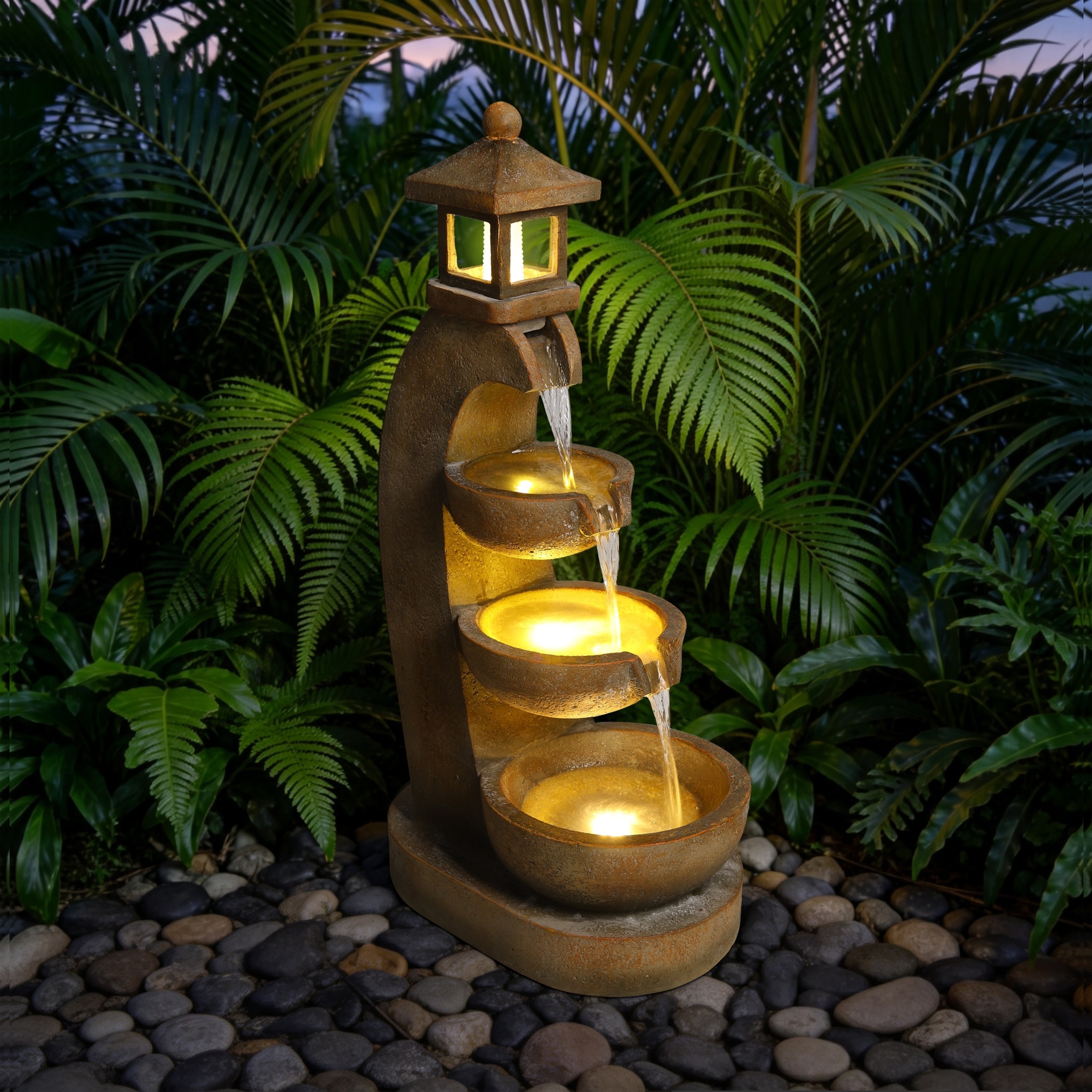 GDFStudio - Outdoor Resin Lantern-Style 4-Tier Cascading LED Light 35.4"H Compact Garden Patio Water Fountain