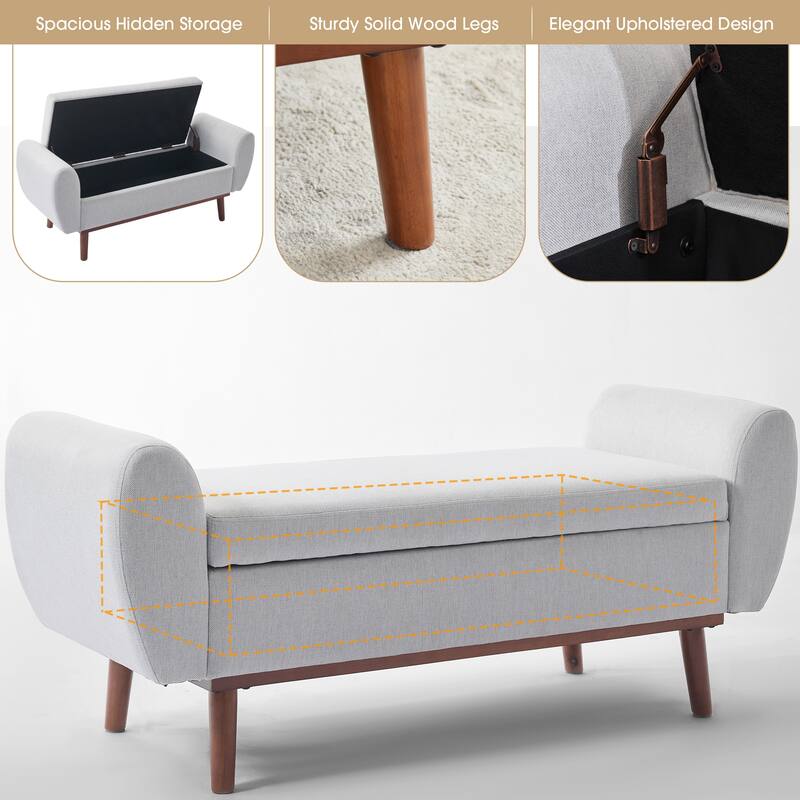 Linen Fabric Storage Ottoman Bench with Hidden Compartment and Rubberwood Legs