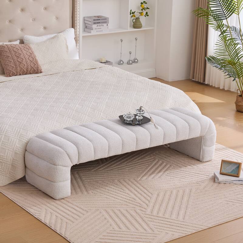 Queen Upholstered Platform Bed - Modern Design with 2 Built-In Reading Lights - Bench+Ivory+Polyester - Queen
