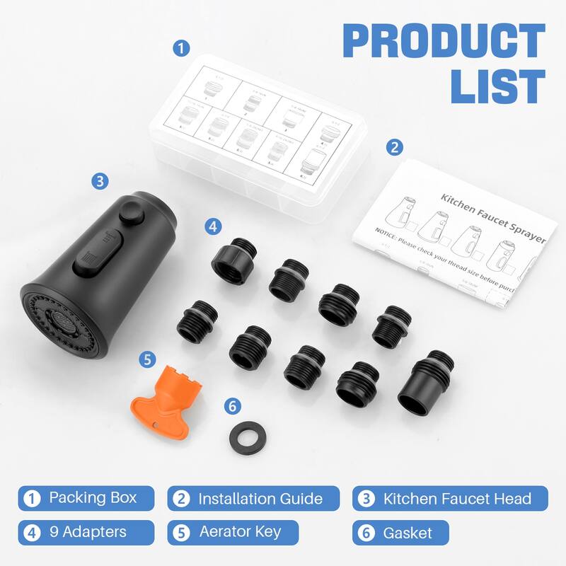 WOWOW Pull Down Kitchen Faucet Spray Head with 9 Adapters Kit