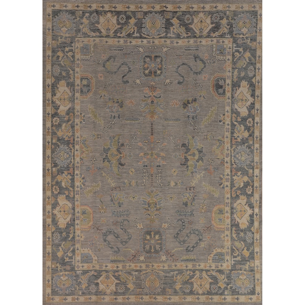 Vegetable Dye Grey Oushak Turkish Rug Hand-Knotted Floral Wool Carpet - 8'1"x 10'1"
