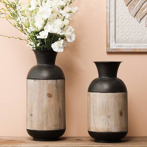 Iron and Wood Bottle Vases (Set of 2)