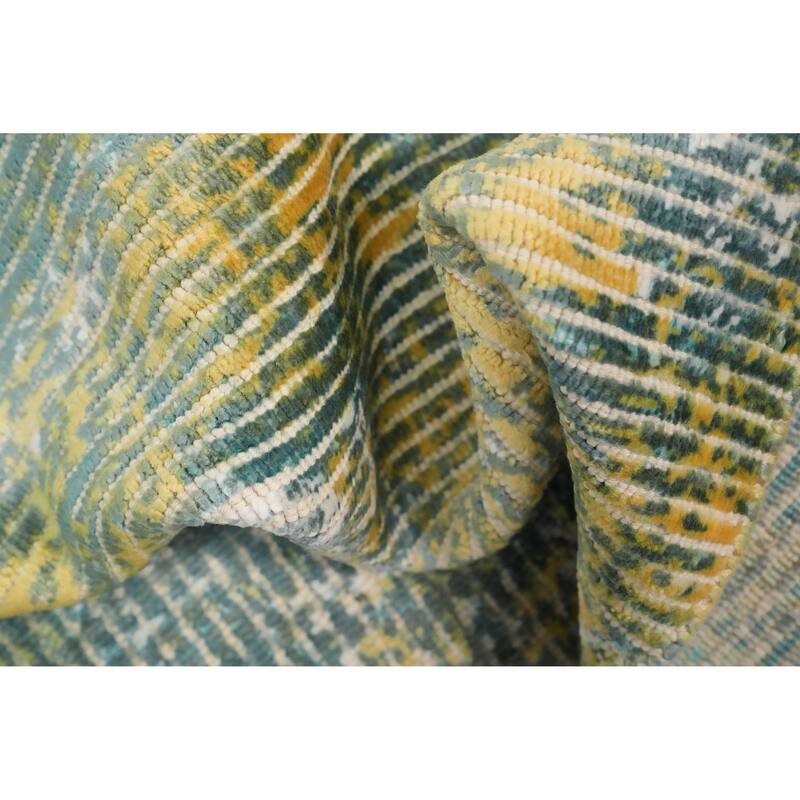 Hand Knotted Oriental Viscose Silk Carpet Modern All-Over Green Abstract Area Rug - 4' 0'' X 2' 0''