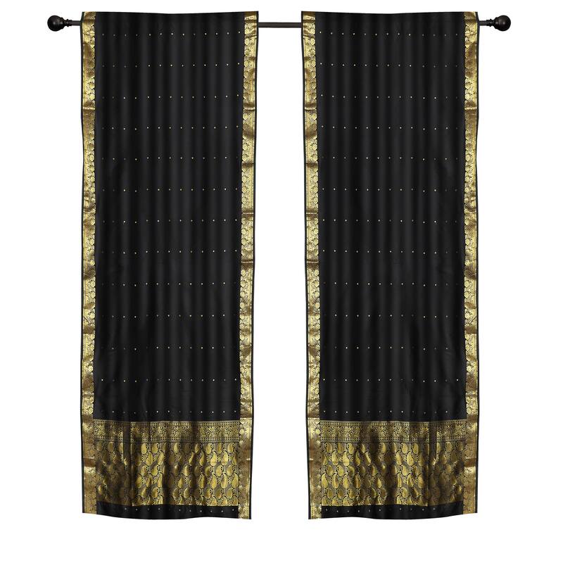 2 Boho Black Indian Sari Curtains Rod Pocket Window Panels Drapes - 43" W X 63" L (Unlined) - 63 Inches