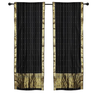 2 Boho Black Indian Sari Curtains Rod Pocket Window Panels Drapes