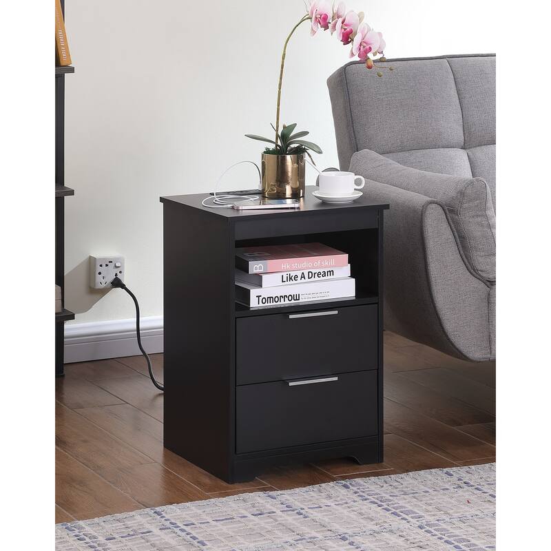 Nightstand with Charging Station,End Table with 2 Drawers,Wooden End Table with Drawer and Opening Shelf
