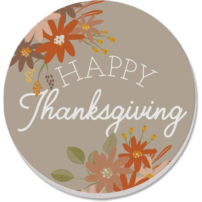 Happy Thanksgiving 4 Pack Absorbent Stone Coaster with Protective Cork Backing Made in The USA 4" Round, Easily Wipes Clean - Multi