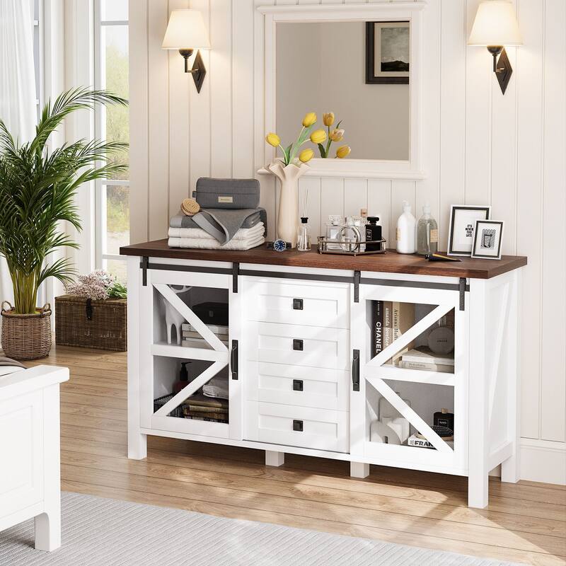 Gymojoy Farmhouse Buffet Cabinet with Barn Doors, 4 Drawers, for Kitchen, Dining Room, Living Room Storage