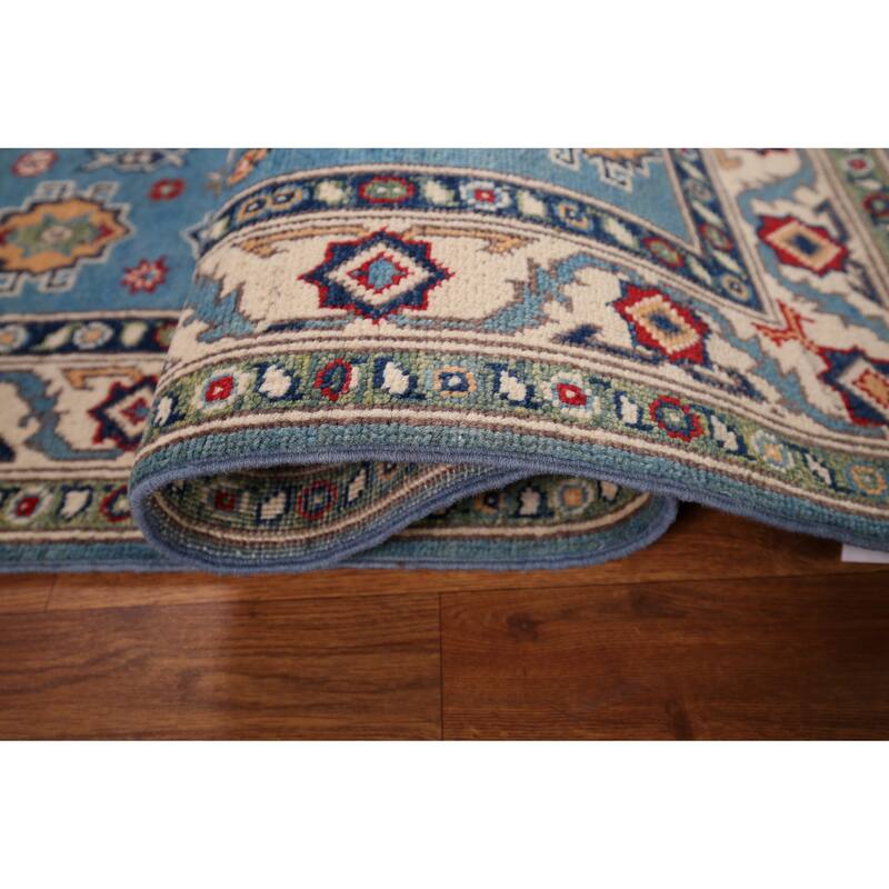 Blue Geometric Kazak Accent Rug Hand-Knotted Wool Carpet - 3'4" x 5'0"