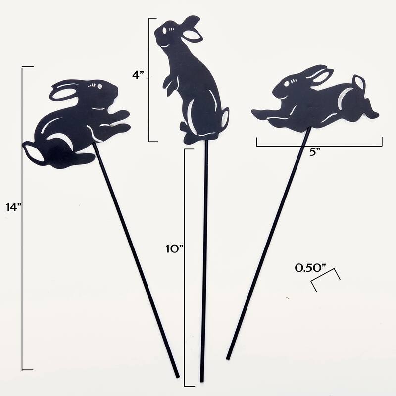 4" Iron Silhouette Bunnies on 10" Planter or Garden Floral Stake, Set of 5