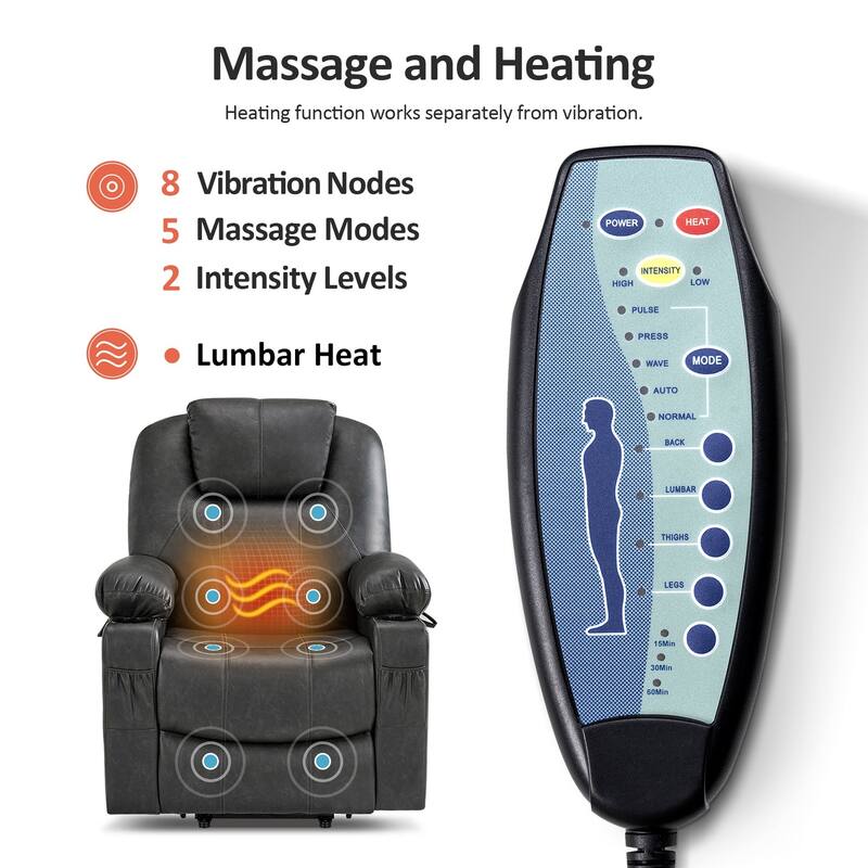 MCombo Electric Power Lift Recliner Chair Sofa with Massage and Heat, 3 Positions, USB Ports, Faux Leather 7040
