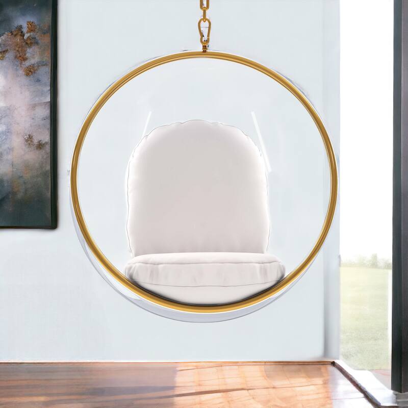 HomeRoots 42" White and Gold Acrylic and Faux Leather Hanging Balloon Chair - 42' X '42' X '25 - 42' X '42' X '25