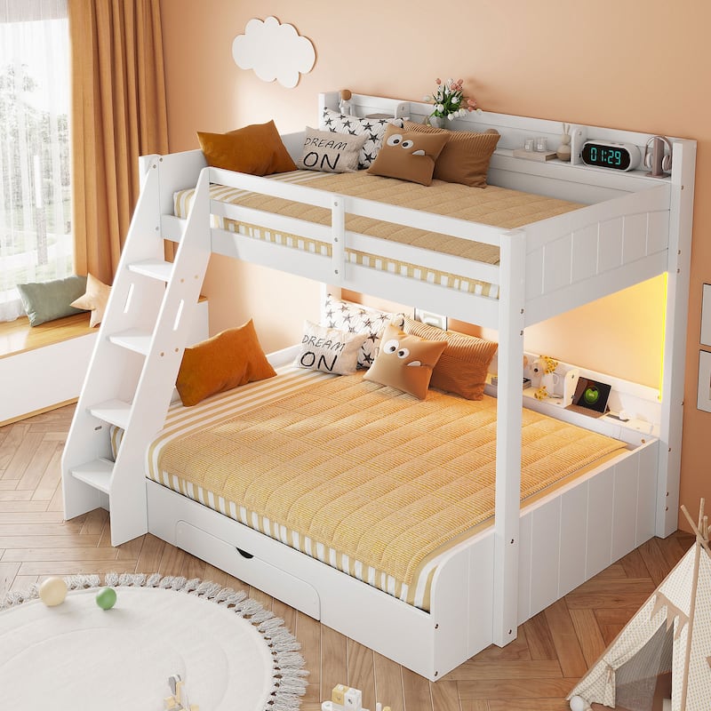 Twin over Full Wooden Bunk Bed with Charging Station, Solid Pinewood LED Storage Bed Frame with Storage Shelves and Drawer
