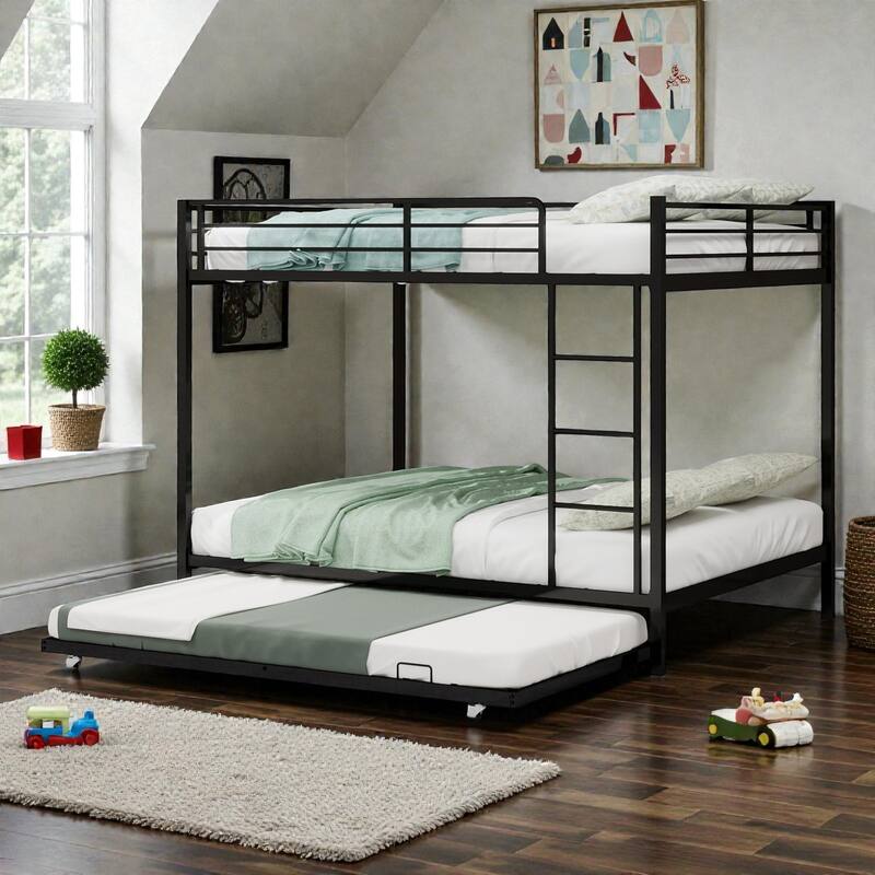 Durable Iron Bunk Bed with Twin Over Full Design, Trundle, Safety Rails, Ladder & Space-Saving Modern Metal Frame